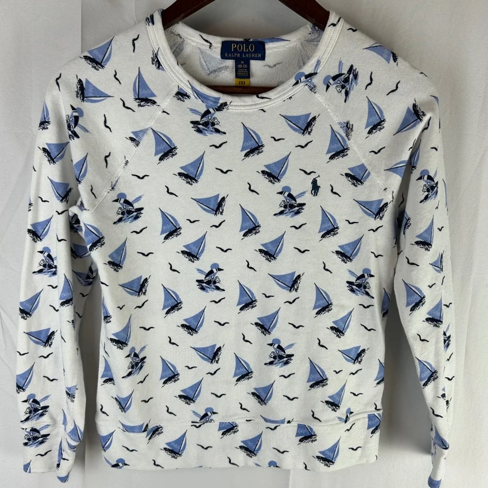 Polo Ralph Lauren Boys Spa Terry Sweatshirt White Blue Sailboats Bear Sz M 10-12